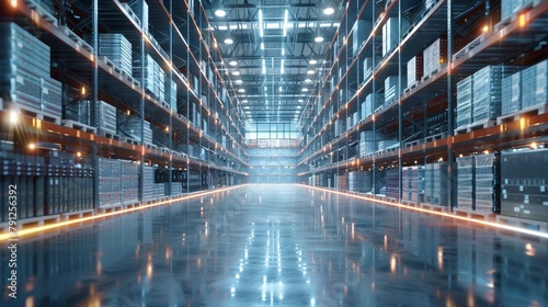 Modern Automated Distribution Center with Reflective Flooring and Organized Shelves