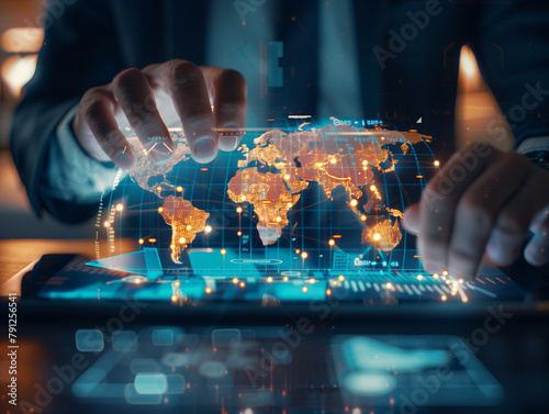 Close-up of hands manipulating a glowing digital world map on a tablet, indicative of global data connectivity and network management.
 photo