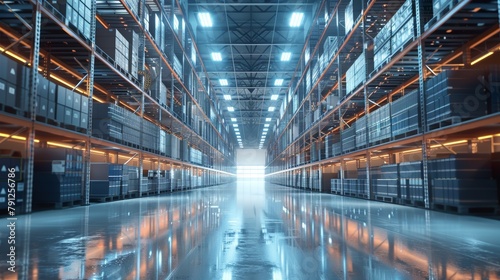 Modern Automated Distribution Center with Reflective Flooring and Organized Shelves © lemoncraft