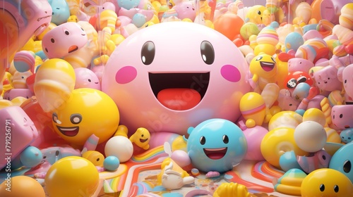 A lively digital art piece featuring a 3D cartoon character bouncing joyfully surrounded by squishy oversized emoji symbols and a backdrop of pastel colors epitomizing the Soft Pop trend