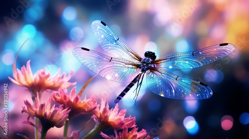 Detailed graphic of a dragonfly approaching a brightly colored flower with a softfocus background enhancing the light effects © Jenjira