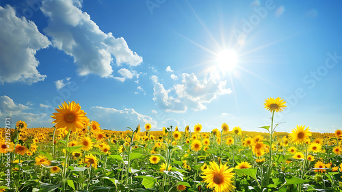 picture of sun flower field with blue sky background