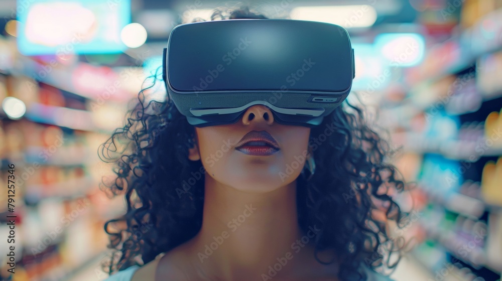 Closeup of a customers face wearing a VR headset fully immersed in a virtual retail store experience where they can browse and purchase items with just a few clicks. . Closeup of a customers face wearing a VR headset fully immersed in a virtual retail store experience where they can browse and purchase items with just a few clicks. .