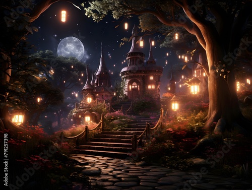 Fantasy Halloween background with full moon and haunted house. 3d rendering