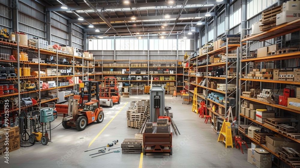 Efficiently organized industrial warehouse with shelves stocked with diverse products Efficiently organized industrial warehouse with shelves stocked with diverse products