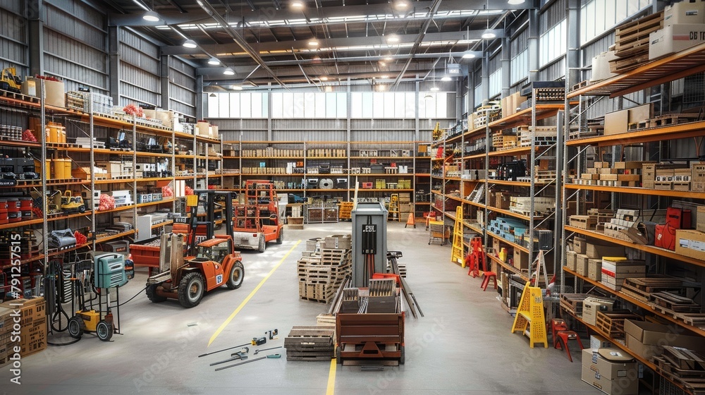 Efficiently organized industrial warehouse with shelves stocked with diverse products