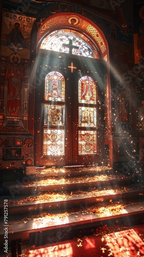 Illuminated Orthodox Church on Pentecost with Symbolic Holy Spirit Motifs and Radiant Cross