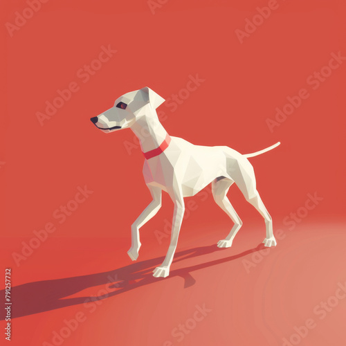 A dynamic geometric representation of a dog in motion  set against a striking red background  rendered in 3D.