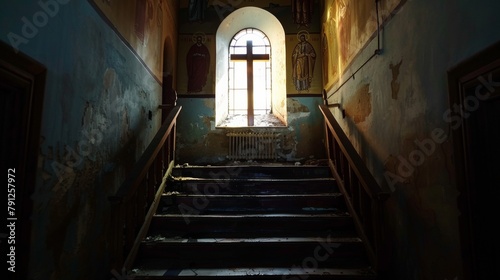 Good Friday Serenity: Solemn Light Through Cross-Window in Orthodox Church