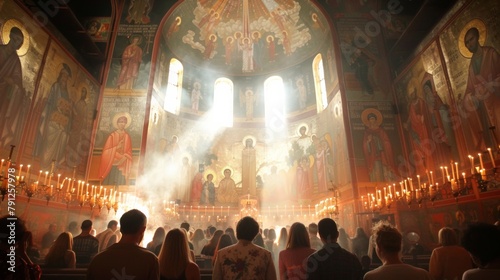 Solemn Good Friday Service in Orthodox Church with Parishioners Venerating Holy Shroud