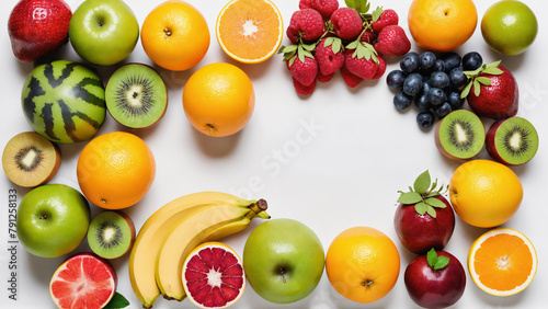 Random Tropical Fruit on White Background Flat Lay Shot with Empty Space for Text