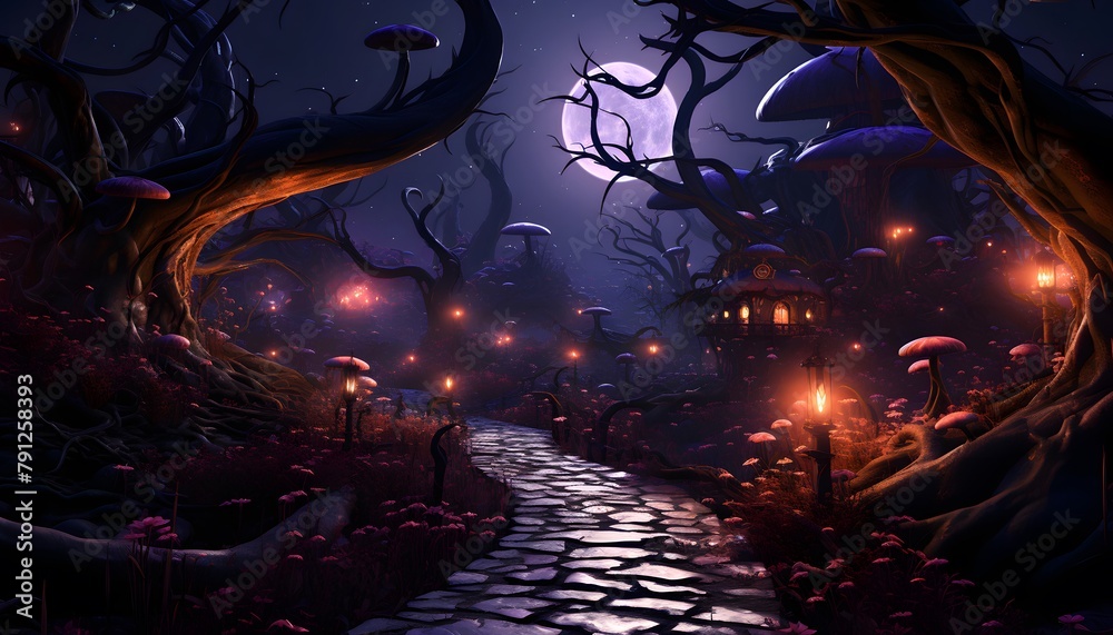 Mystical dark halloween night scene with full moon, spooky trees and cobblestone road. 3d rendering
