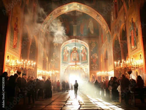 Serene Orthodox Easter Vigil Captures Parishioners in Candlelight Amidst Sacred Icons photo