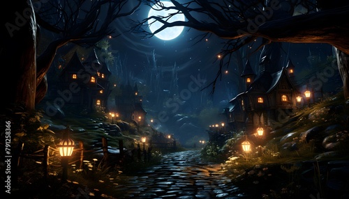 Halloween night scene with full moon and haunted house 3D rendering
