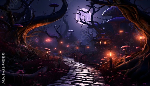 Mystical dark halloween night scene with full moon, spooky trees and cobblestone road. 3d rendering