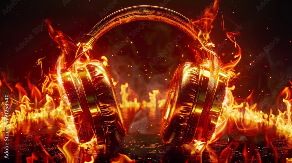 EnthraEnthralling headphones engulfed in vibrant flames capturing the intensity of sound

