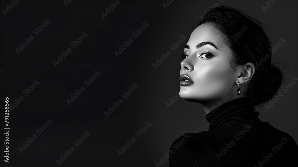A close-up portrait of a woman with dark, glamorous eyes, black and white style A close-up portrait of a woman with dark, glamorous eyes, black and white style
