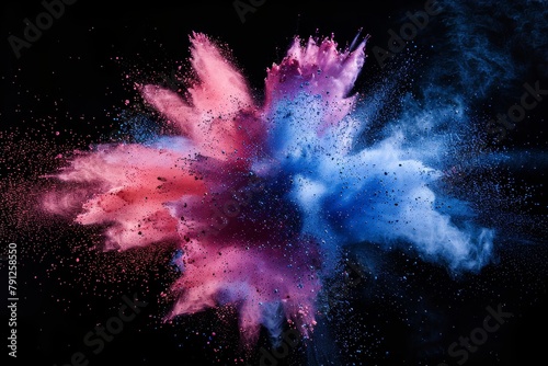 A centered explosion of colorful powder on a black background 