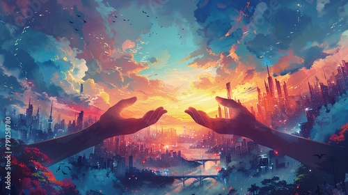 Cosmic Creation Touch,
An artistic rendition portraying two hands shaping a vivid juxtaposition of cosmic starfields and a bustling cityscape, symbolizing creation and unity. photo