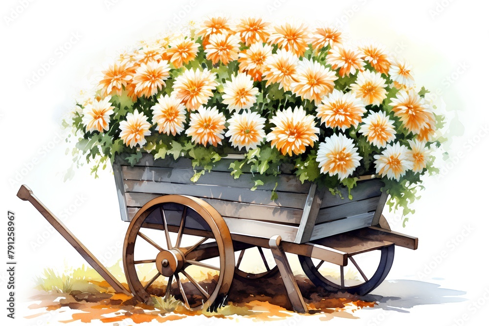 Wooden cart with flowers on a white background. Vector illustration.