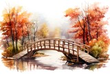Wooden bridge in autumn park. Watercolor painting. Vector illustration.