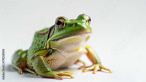 Vivid Green Frog Poised Elegantly Against a Stark White Background photo