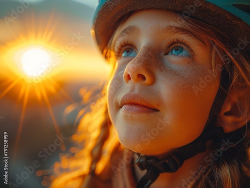 Fatherdaughter bike ride at sunset, with the daughter wearing a helmet and accessories in colors complementary to the twilight sky photo