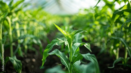 Closeup of a greenhouse housing rows of genetically modified crops indicating Chinas efforts towards sustainable agriculture through biotechnology. .