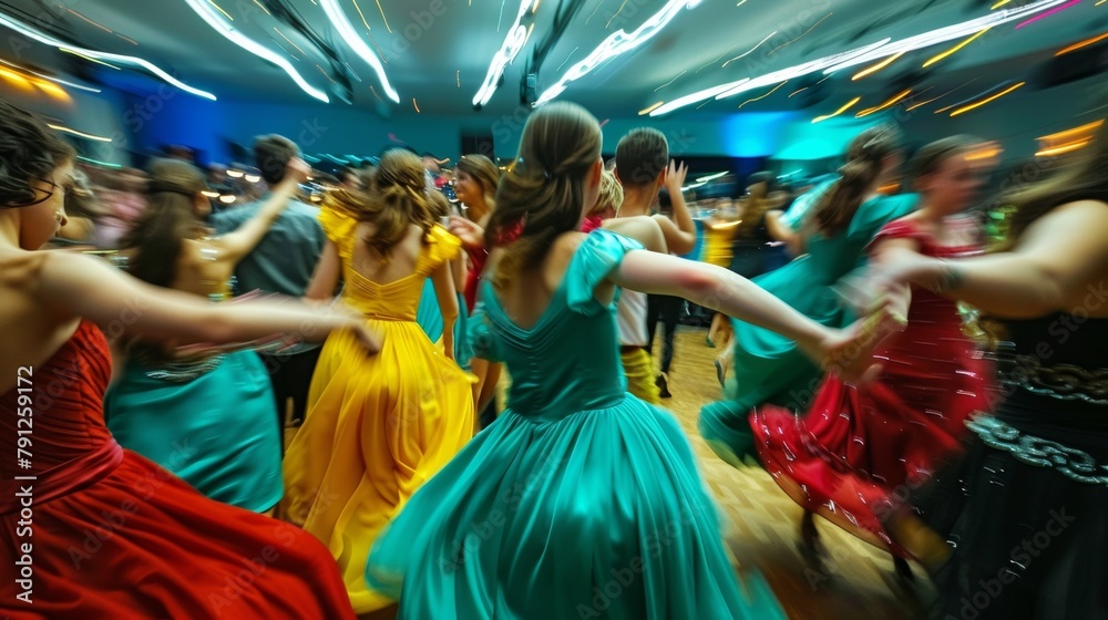 Abstract Energy of Youth: Blurred Teen Dancers at Prom Night Celebration