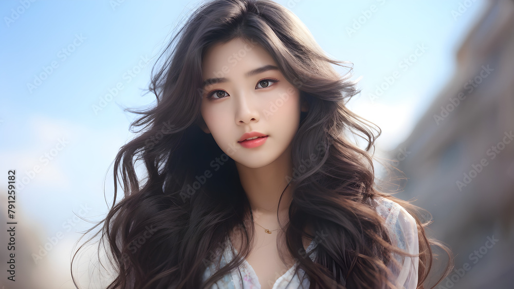 Naklejka premium Graceful Young Woman with Long Waves, Radiant Beauty: Hairstyle Serene Elegance, Stunning Beauty in Motion