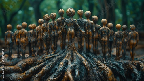 Group connected by a network of roots, symbolizing deep connections and origins