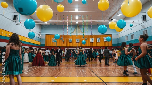 High School Prom Night Euphoria: Festively Decked Gym with Joyful Teenagers in Formal Wear photo