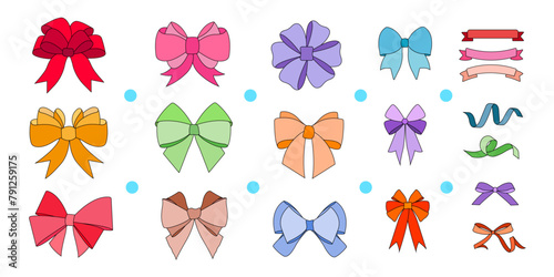 A simple collection of colorful hand drawn ribbon bows. Bow for decoration, large set of bow ties.Set of various cartoon bow knots, gift ribbons. Trendy hair braiding accessory. Hand drawn vector 