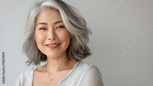 Beautiful asian 50s age model woman with gray chic hair and kind look on a plain background. Advertising of age-related cosmetics, hair products, iconic beauty industry