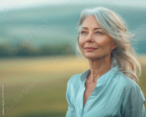 Elegant Woman Embracing Menopause with Grace Amidst Cotswolds Hills