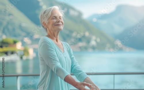Serene Menopausal Woman Practicing Yoga by Lake Como in Morning Light for Heart Health & Wellness