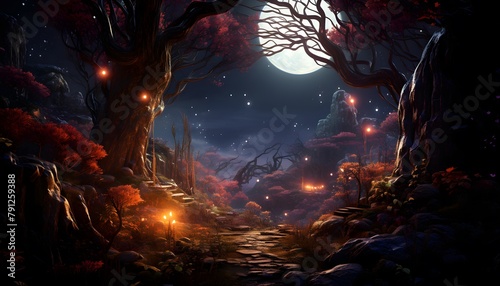 Fantasy landscape with dark forest and full moon. 3d illustration © Iman