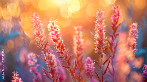 A field of purple wildflowers in a beautiful golden sunlight. Wild grass in the forest at sunset Macro image  © SHOHIDGraphics