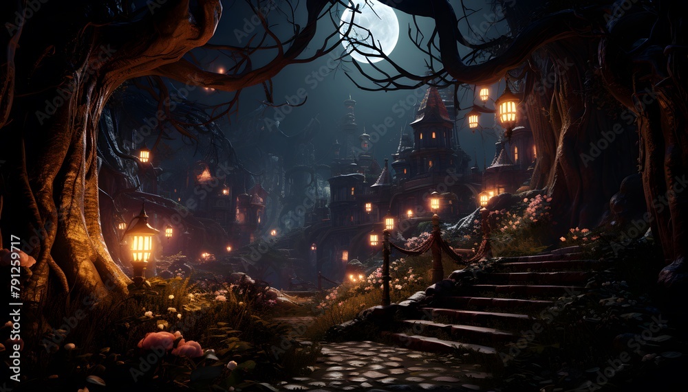 Fantasy night scene with old tree and stairs, 3d illustration