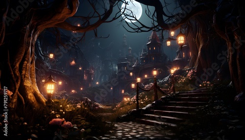 Fantasy night scene with old tree and stairs, 3d illustration © Iman