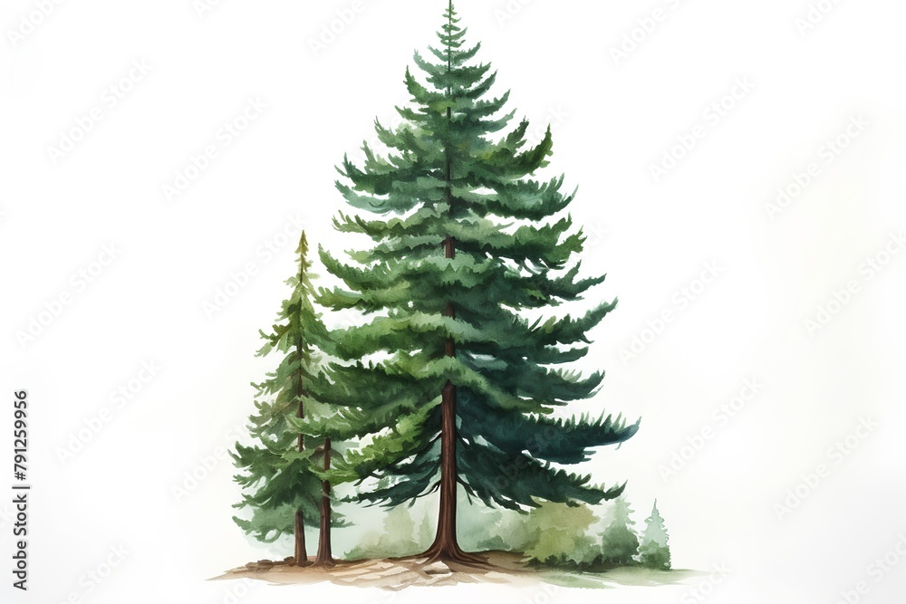 Watercolor illustration of a pine tree isolated on a white background.