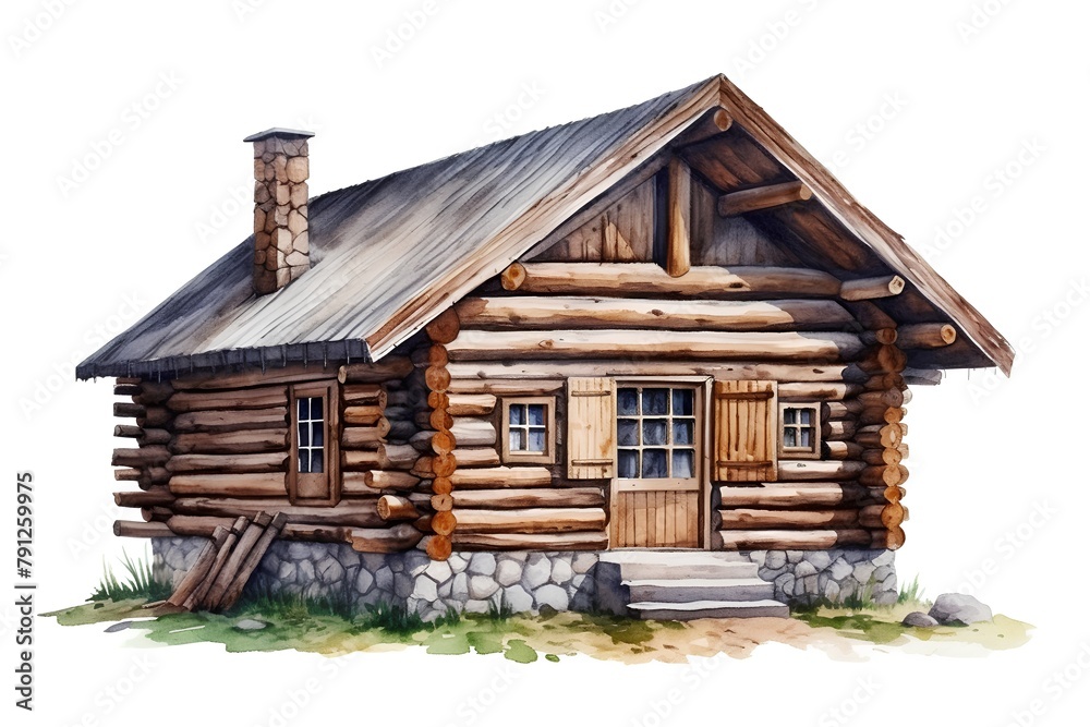 Wooden log cabin. Watercolor illustration isolated on white background.