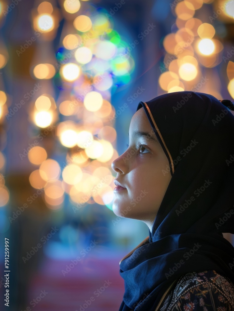 Tranquil Evening Prayers: Young Muslim Girl in Mosque During Ramadan Reflection Tranquil Evening Prayers: Young Muslim Girl in Mosque During Ramadan Reflection