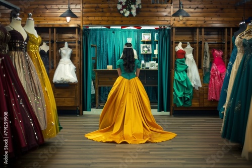 Teenage Girl Enthralled by Prom Dress Choices in Boutique Mirror Reflection