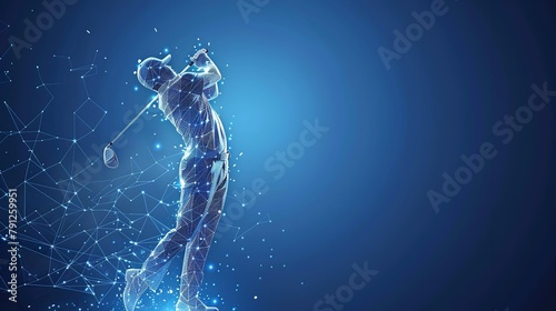 A modern art artwork depicting a man player pro hitting a golf ball with a golf club in a low polygonal layout over a setting of blue geometric wireframe components and space, Generative AI.