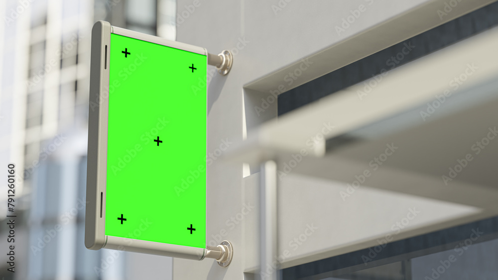 Billboard Green screen Mock-Up are installed outside the building. Or empty signboard for your text and banner design. 3D render.