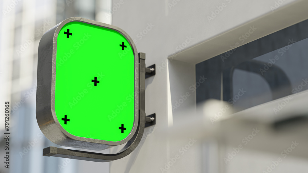 Billboard Green screen Mock-Up are installed outside the building. Or empty signboard for your text and banner design. 3D Render.