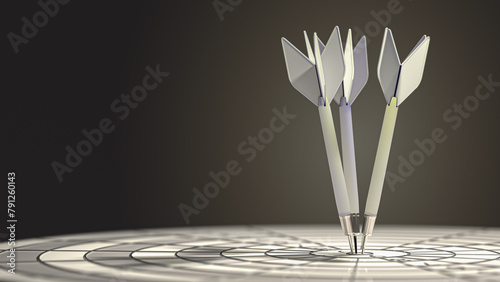 Darts arrow hitting in the bullseye of the dartboard. Target and goal concept. 3D render.