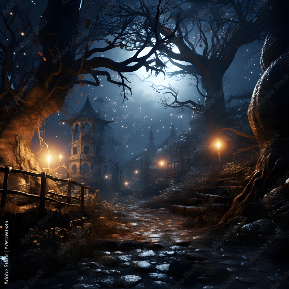 Halloween background with haunted castle, moon and trees. 3d rendering