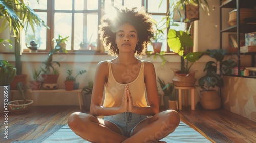 Zen Spring Cleaning: Young Hispanic Woman Meditating in Sunlit Studio Apartment photo